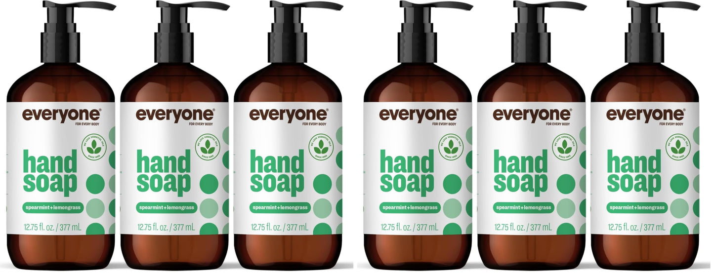 Everyone Liquid Hand Soap,12.75 Ounce,Spearmint and Lemongrass,Plant-Based Cleanser with Pure Essential Oils,(Pack of 6)