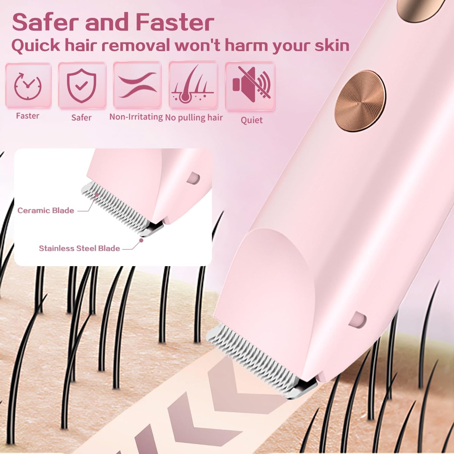 2 in 1 Bikini Trimmer for Women, Dual Head Electric Shaver with LED Display, IPX7 Waterproof Body Pubic Hair Trimmer Rechargeable Womens Electric Razor for Armpit Leg Body Facial (Pink)
