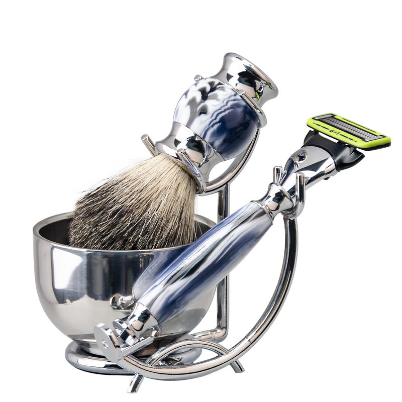 Grandslam Deluxe Shaving Kit for Men, 4 in 1 Shaving Set Includes 6 Blade Razor, Shaving Brush, Stainless Steel Shaving Bowl and Razor & Brush Holder, 1 Razor Handle and 5 Cartridges