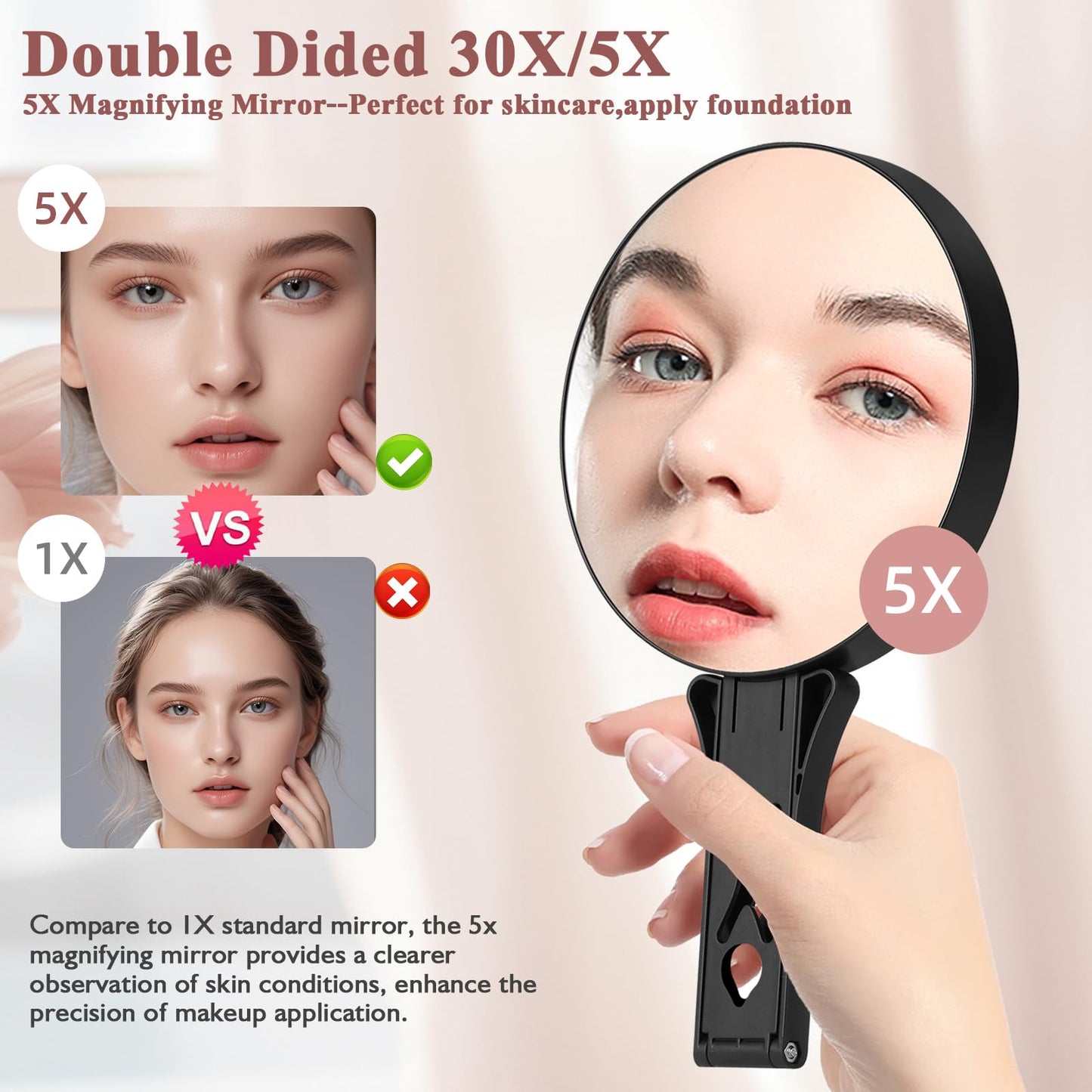Magnifying Mirror 30X/5X Double Sided Hand Mirror, Precision Makeup at 30X Magnification & Overall View at 5X，Travel Handheld Magnified Makeup Mirror with Handle & Table Stand, Vanity Cosmetic Mirror