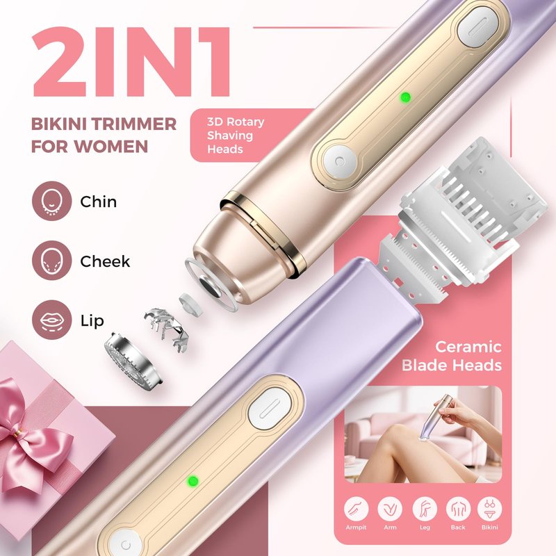 Bikini Trimmer for Women, 2-in-1 Electric Razor for Pubic Hair & Body - Painless Wet/Dry Shaver with IPX7 Waterproof, Rechargeable Cordless Groomer for Legs, Underarm & Face (Mauve)