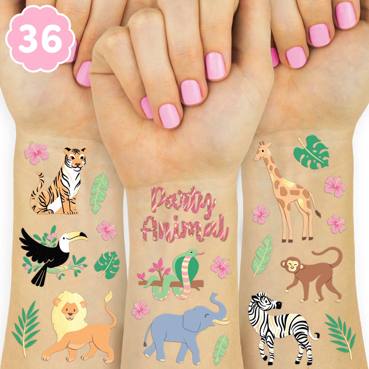 Jungle Temporary Tattoos - 36 Wild Animal Designs for Birthday Parties & Baby Showers | Elephant, Giraffe, Tiger