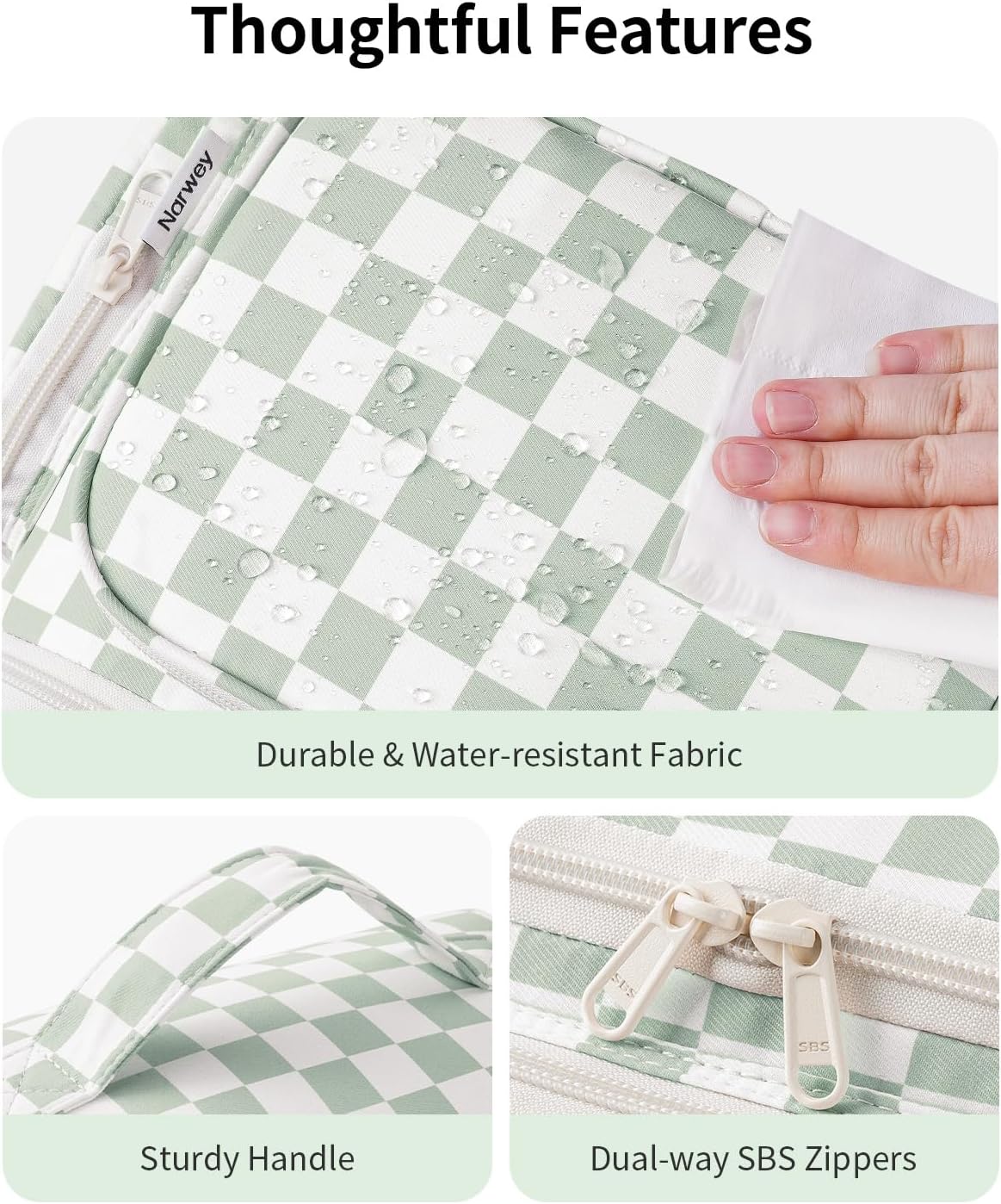 Narwey Travel Toiletry Bag - Wide Open Makeup Organizer with Wet Pocket | Green Checkerboard