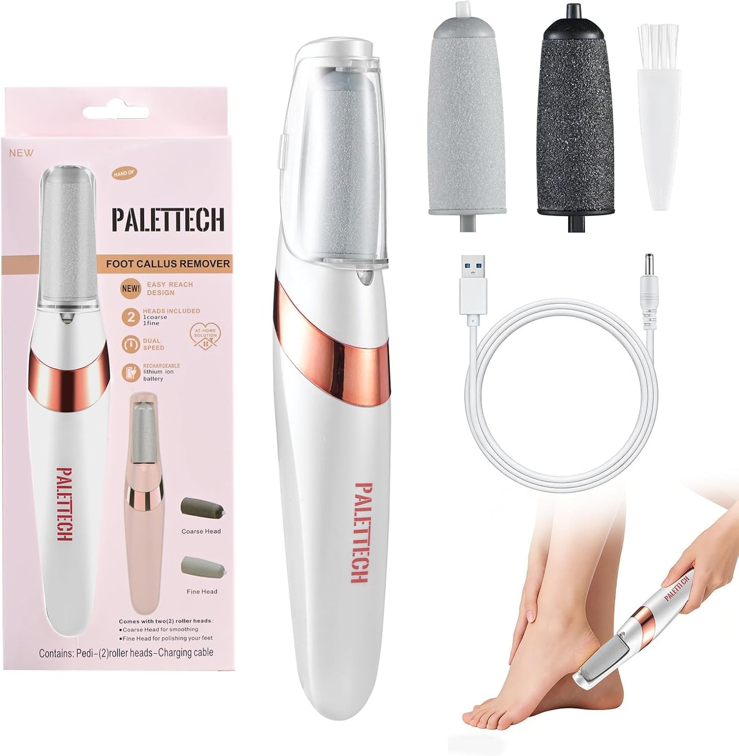 Electric Foot Callus Remover - Dual Roller Heads, 2 Speeds & LED Light | 90-Min Runtime Pedicure Tool