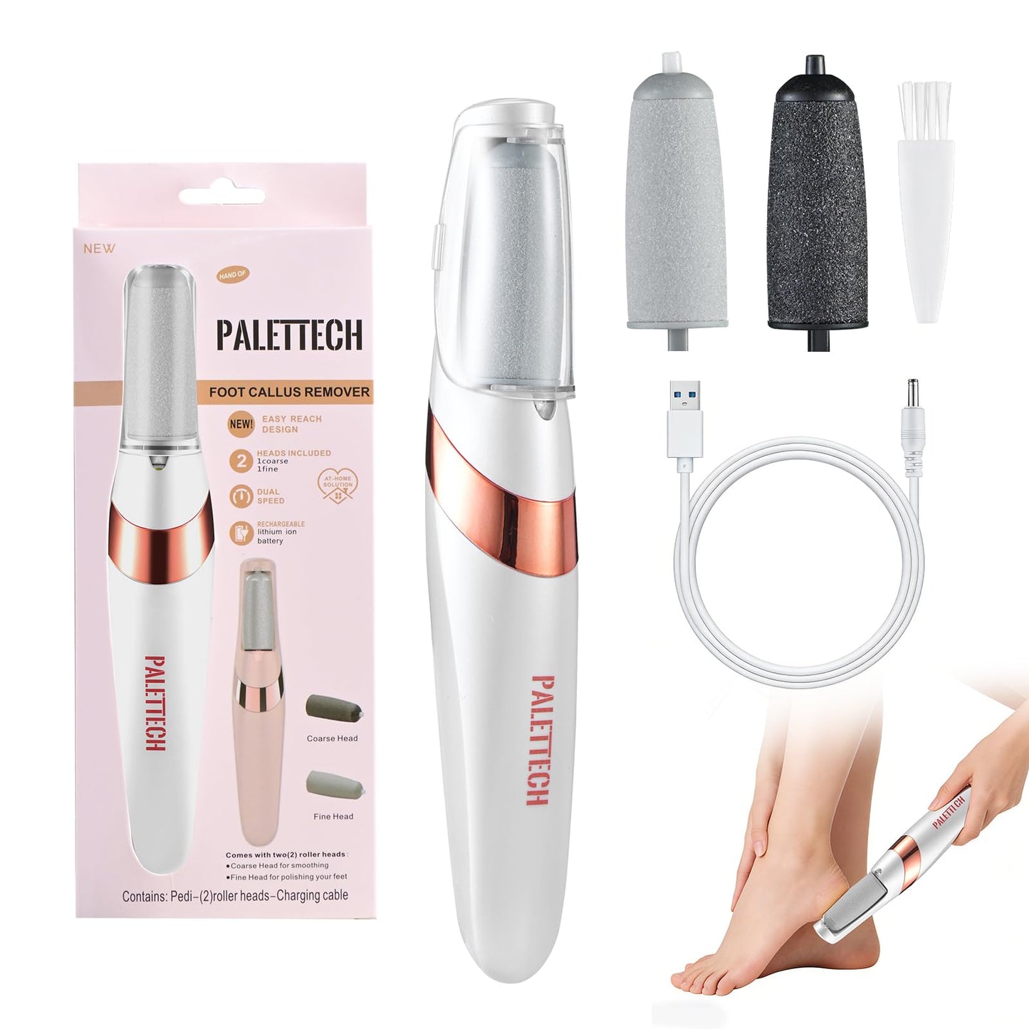 PALETTECH Foot Callus Remover, Electric Callus Remover for Feet with Dual Roller Heads, 2 Speeds & LED Light, 3× Faster Than Manual, 90-Min Runtime, Pedicure Tools for Feet, Foot File for Home Use