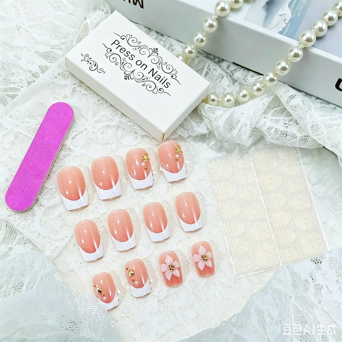 Medium Square French Tip Press-On Nails - 3D Flower & Rhinestone Designs | 24 Pcs Beach-Inspired Acrylic Set