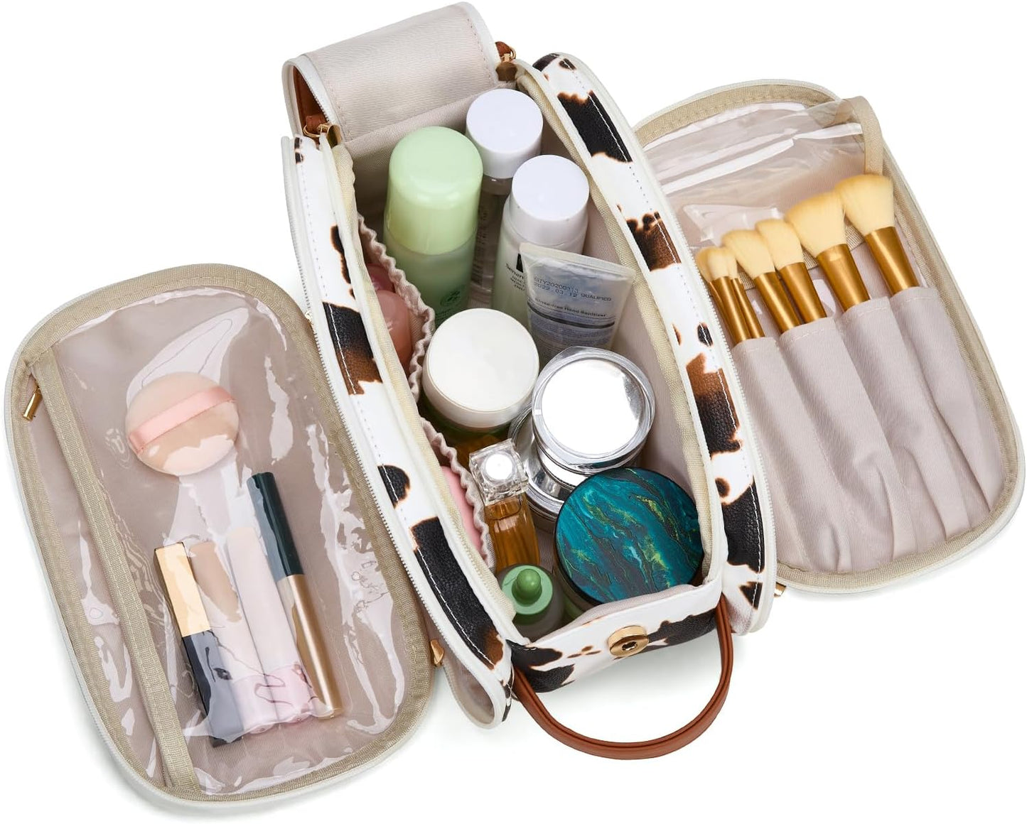 Large Makeup Bag - Travel Toiletry Organizer with Divider & Handle | Cowprint Design for Women