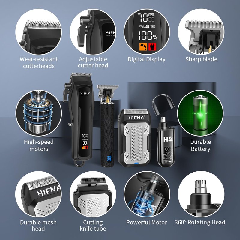 HIENA PRO Cordless Hair Clippers for Men, Professional Barber Kit - Beard Trimmer, Aluminum Foil Shaver, Nose Trimmer, 10 Limit Combs - Fast Charge, Smart LED Display (Clippers/Trimmer)