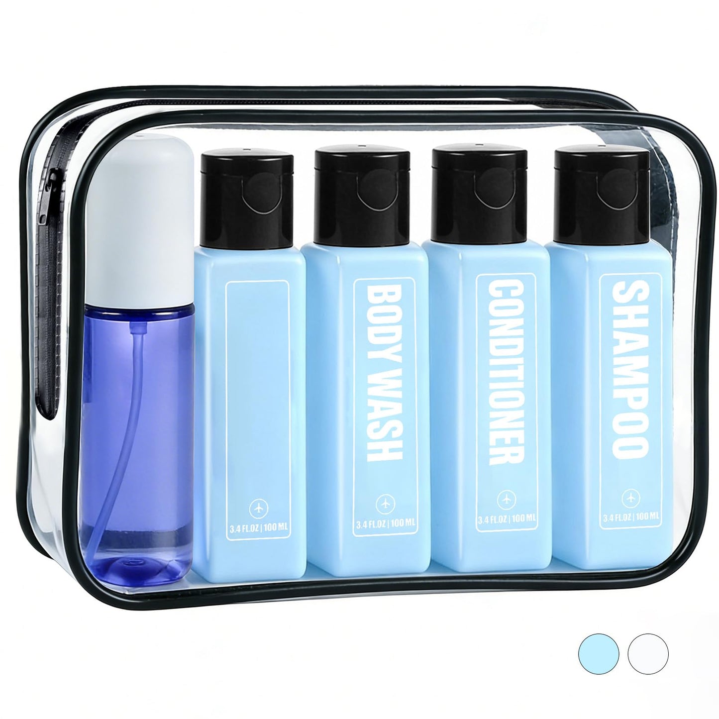 GearTrust Labeled Travel Bottles for Toiletries, 3.4oz TSA Approved Travel Shampoo and Conditioner Bottles with Spray, Leak Proof Clear Plastic Containers with Flip Cap-5 PCS