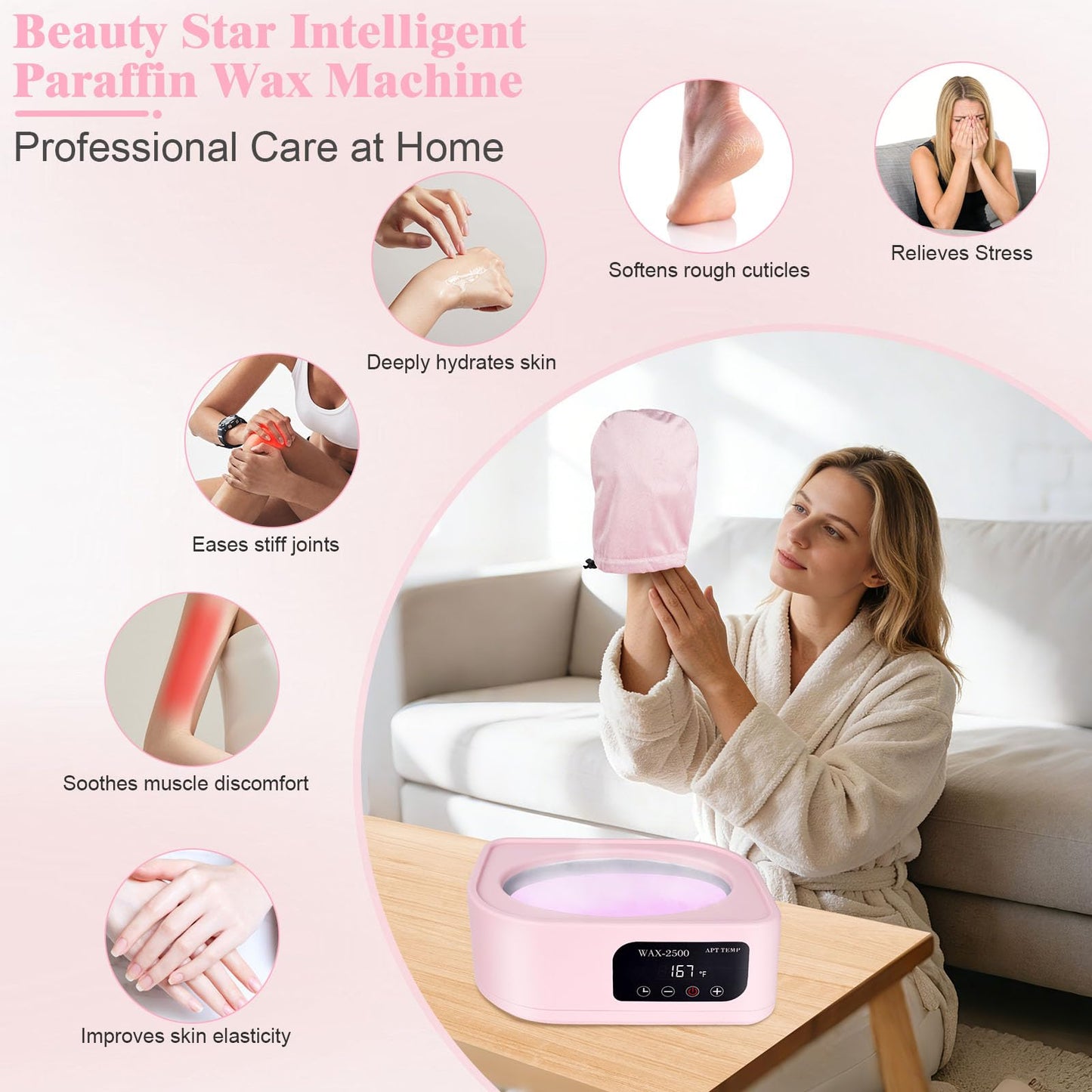 Beauty Star Paraffin Wax Machine for Hands and Feet – 3500ml Large Capacity with Auto Timer & Keep Warm Function – Moisturizing Kit for Arthritis Relief, Dry Skin, and Spa Home Use (Pink)