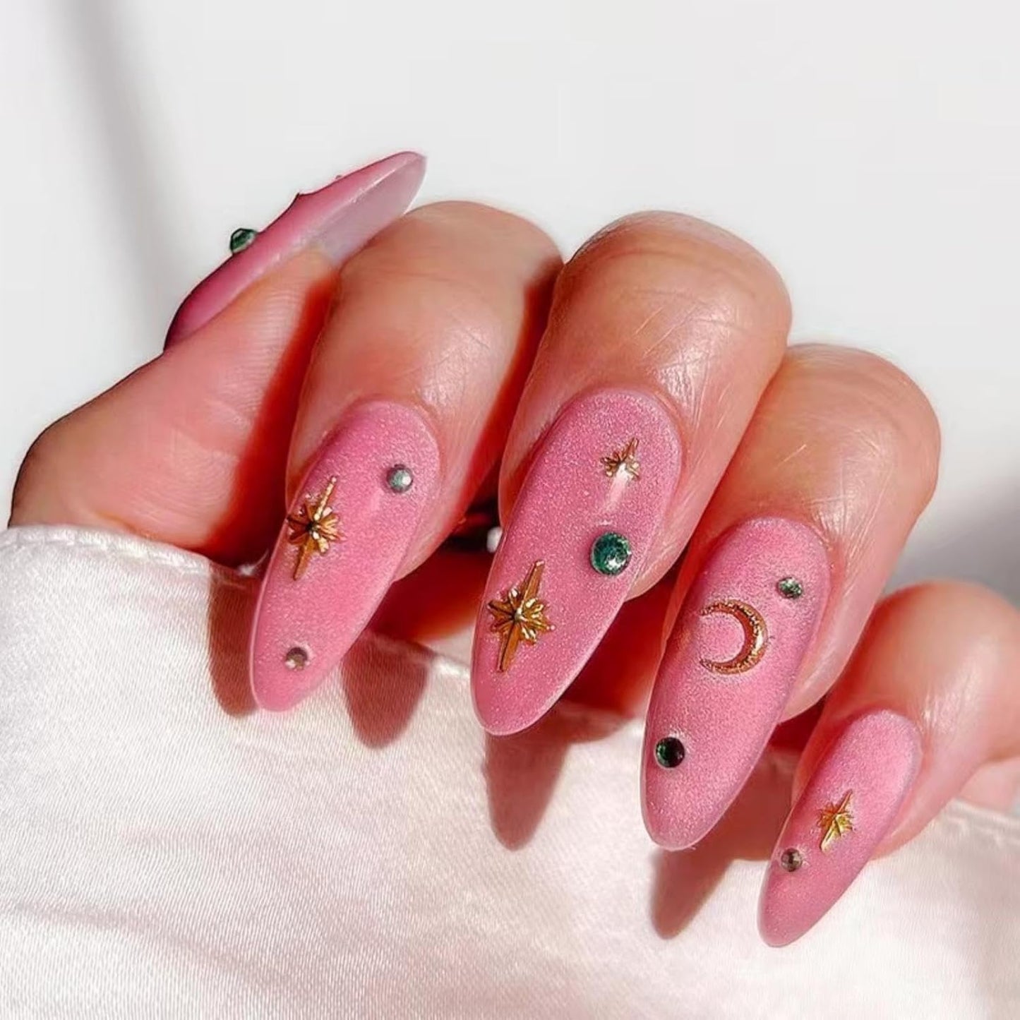 Press On Nails - French Tip Design with Rhinestones | Medium Almond Glossy Full Cover - 24 Pcs