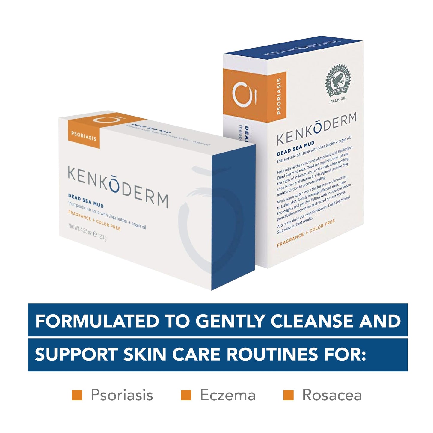 Kenkoderm Psoriasis Dead Sea Mud Soap with Argan Oil & Shea Butter, Natural Exfoliating Body & Face Cleanser for Sensitive Skin, Fragrance & Color-Free, 4.25 Ounce, 4 Bars
