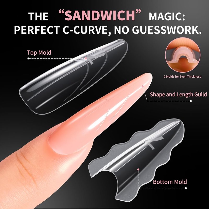 Makartt Dual Nail Forms - Long Almond Shape Molds for Gel Extensions | 280 Pcs, 14 Sizes, Reusable DIY Manicure
