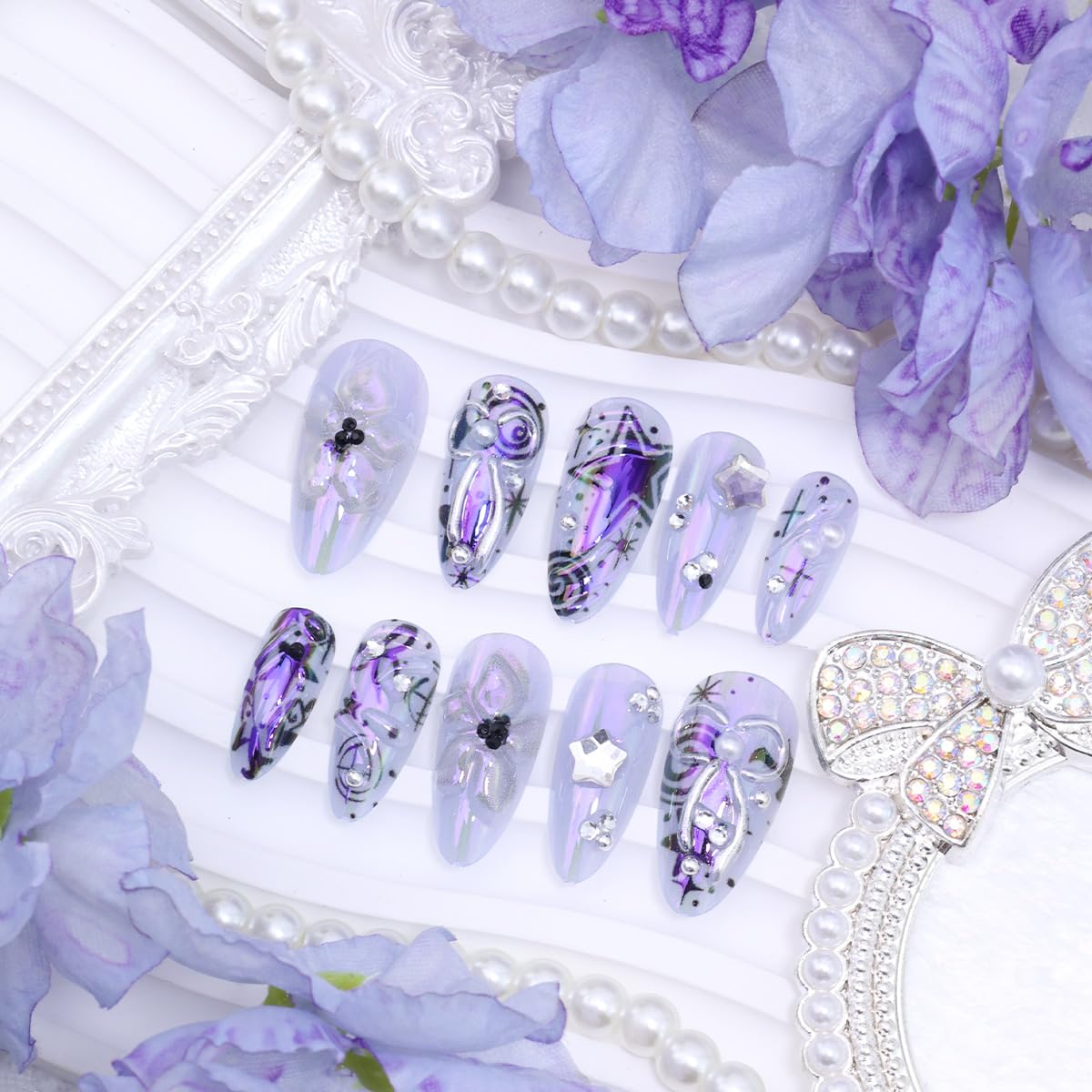 Press On Nails - 24 Pcs Medium Almond Purple Flower Design with 3D Silver Bow & Pearl Gems | Full Cover Acrylic
