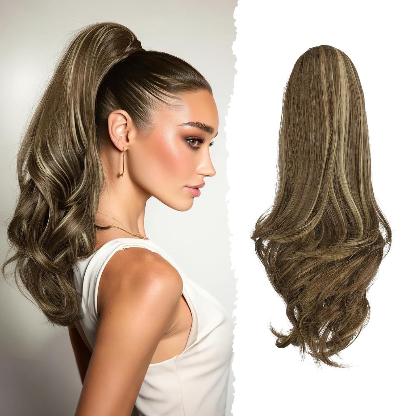 Sofeiyan Claw Clip Ponytail Extension - 16" Curly Wavy Synthetic Hairpiece | Medium Brown & Light Auburn
