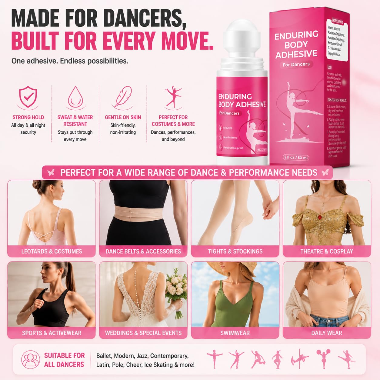 Body Glue & Body Adhesive for Clothing - Sweat-Resistant Roll-On | Clear, Hypoallergenic, 2 fl oz