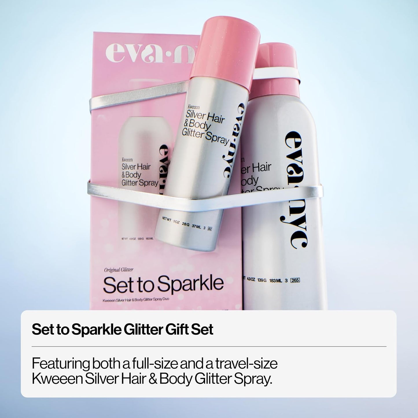 Eva NYC Kweeen Silver Hair & Body Glitter Spray Set - Ultra Shimmery, Non-Sticky, Quick Drying | Warm Vanilla Scent, Full & Travel Size