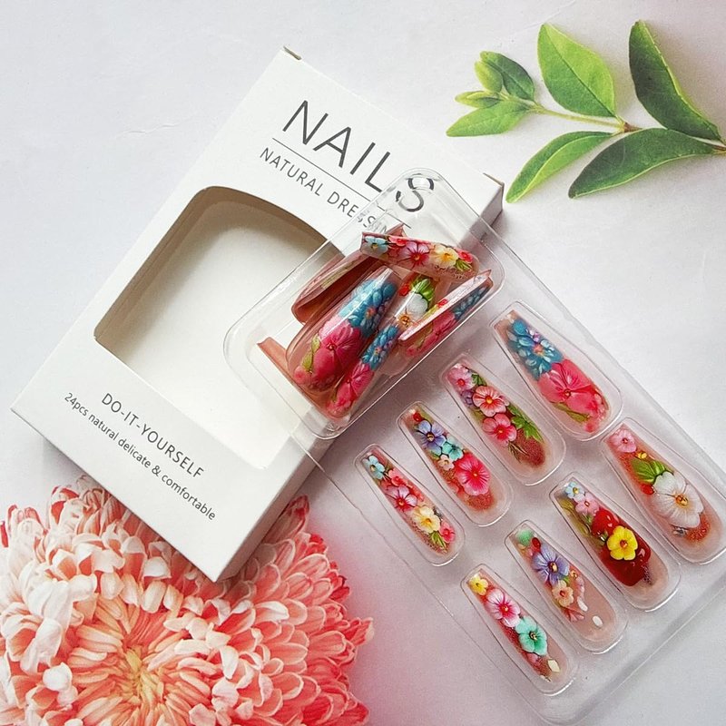 Flower Press On Nails - Medium Ballet Acrylic Nails with Green Leaf Design | 24PCS Full Cover Gel Fake Nails for Spring Manicure