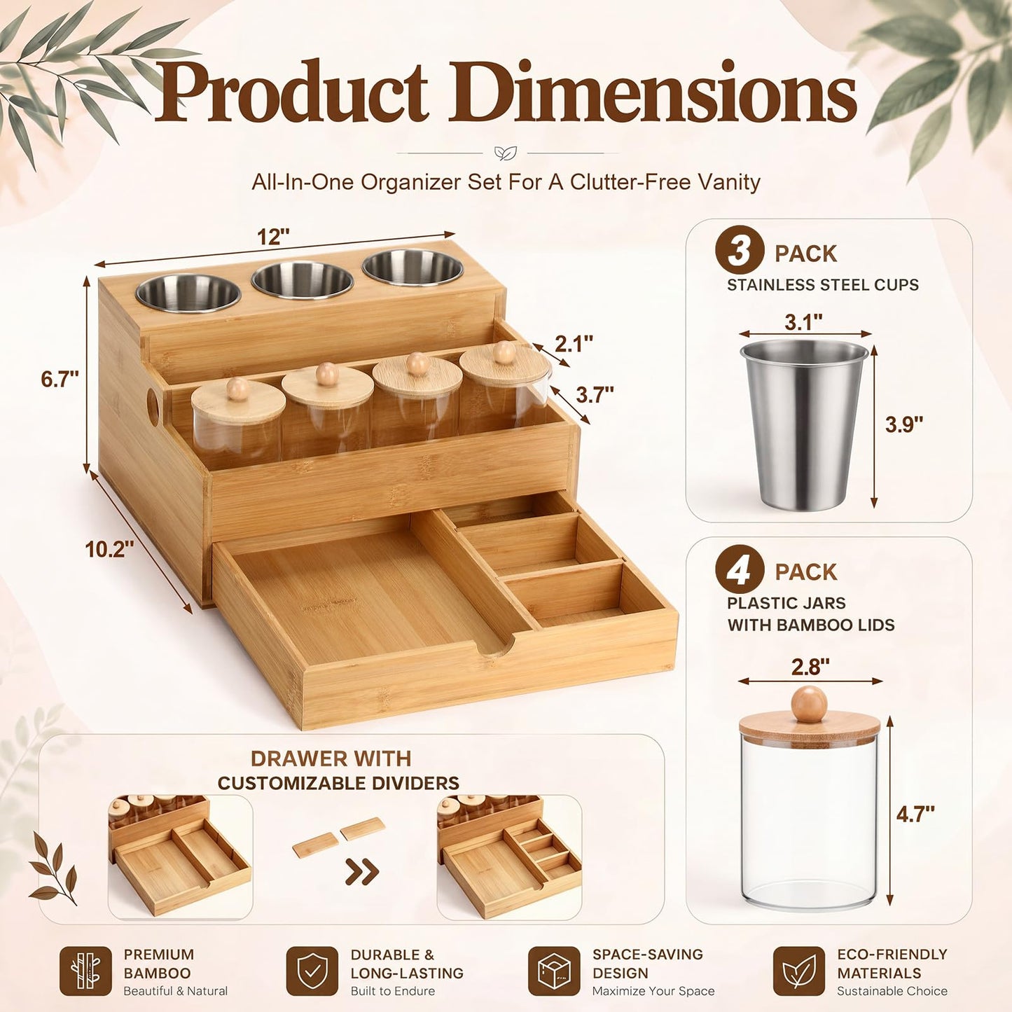 Havawish Hair Tool Organizer with Drawer Bamboo Bathroom Countertop Organizer with 4 Plastic Cotton Ball Holder Countertop Blow Dryer Holder Vanity Caddy Storage Stand for Hair Accessory, Makeup