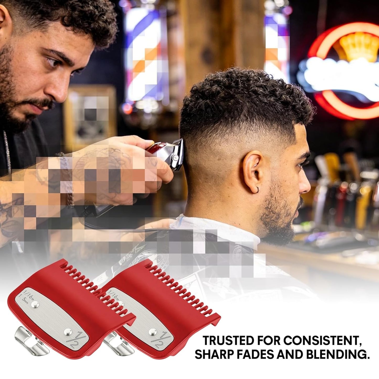 Clipper Guards Set - Compatible with Wahl 1/2 Hair Clippers | 2 Pack Metal Guide Combs, 1/16" (1.5mm) - Ideal for Barbers & Stylists, Red