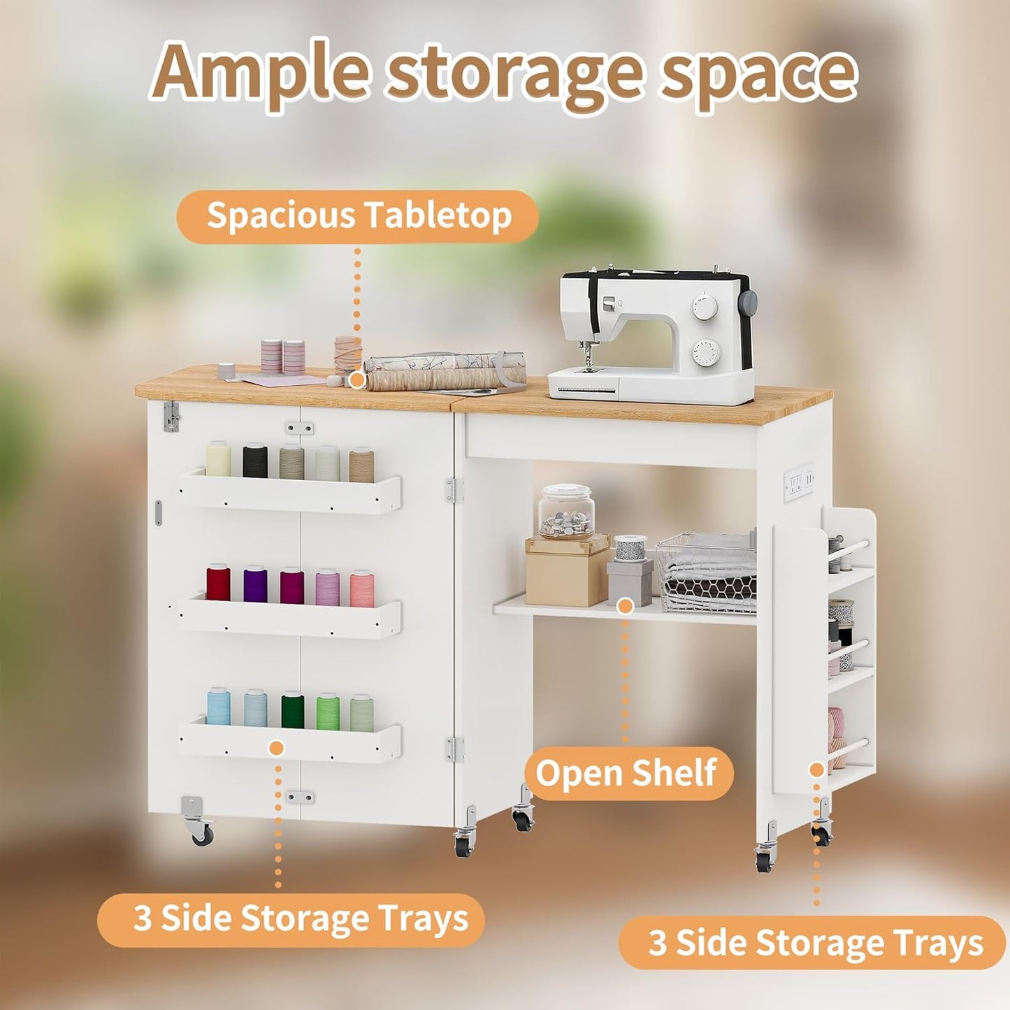 Sewing Table with Storage - Folding Design with Charging Station & Lockable Casters | White