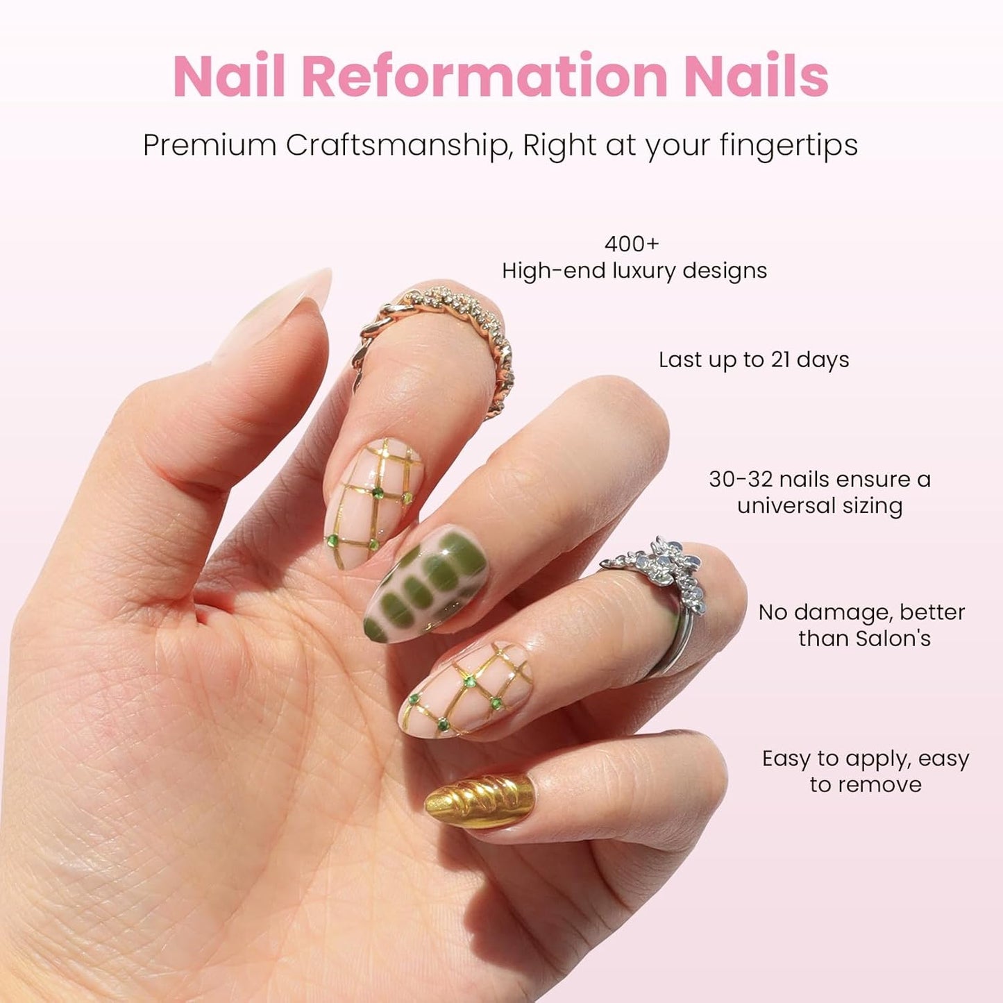 Press On Nails - Short Almond Fake Nails in Jade Green with Jewel Gold Accents | 32-Piece Reusable Nail Kit for Women