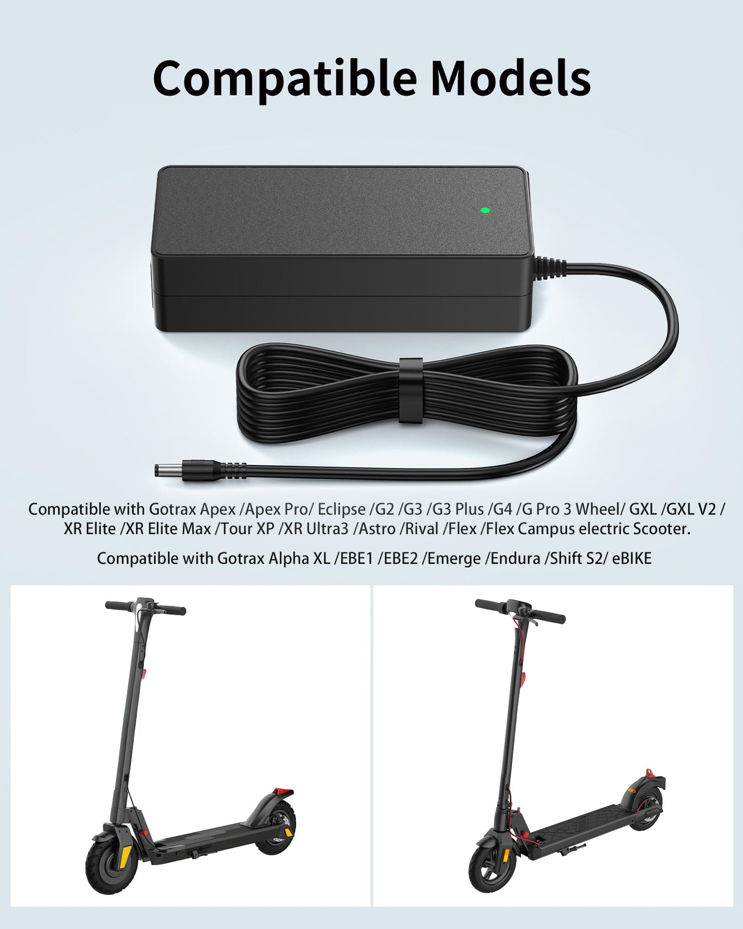 VHBW 42V Charger for Gotrax Electric Scooter Compatible with GOTRAX Apex/Eclipse/G2/G3/G3 Plus/G4/Tour XP/Rival/GXL/GXL V2/XR Elite,42V 2A Electric Bike Charger for Gotrax Alpha XL/EBE1 Bikes