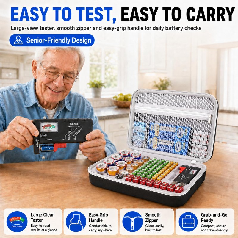 PAIYULE Battery Organizer Storage Box with Tester, Shockproof EVA 220+ AA AAA C D 9V Capacity Emergency Power Solution, Unique 8 D-Cell Home Kitchen Garage Organization