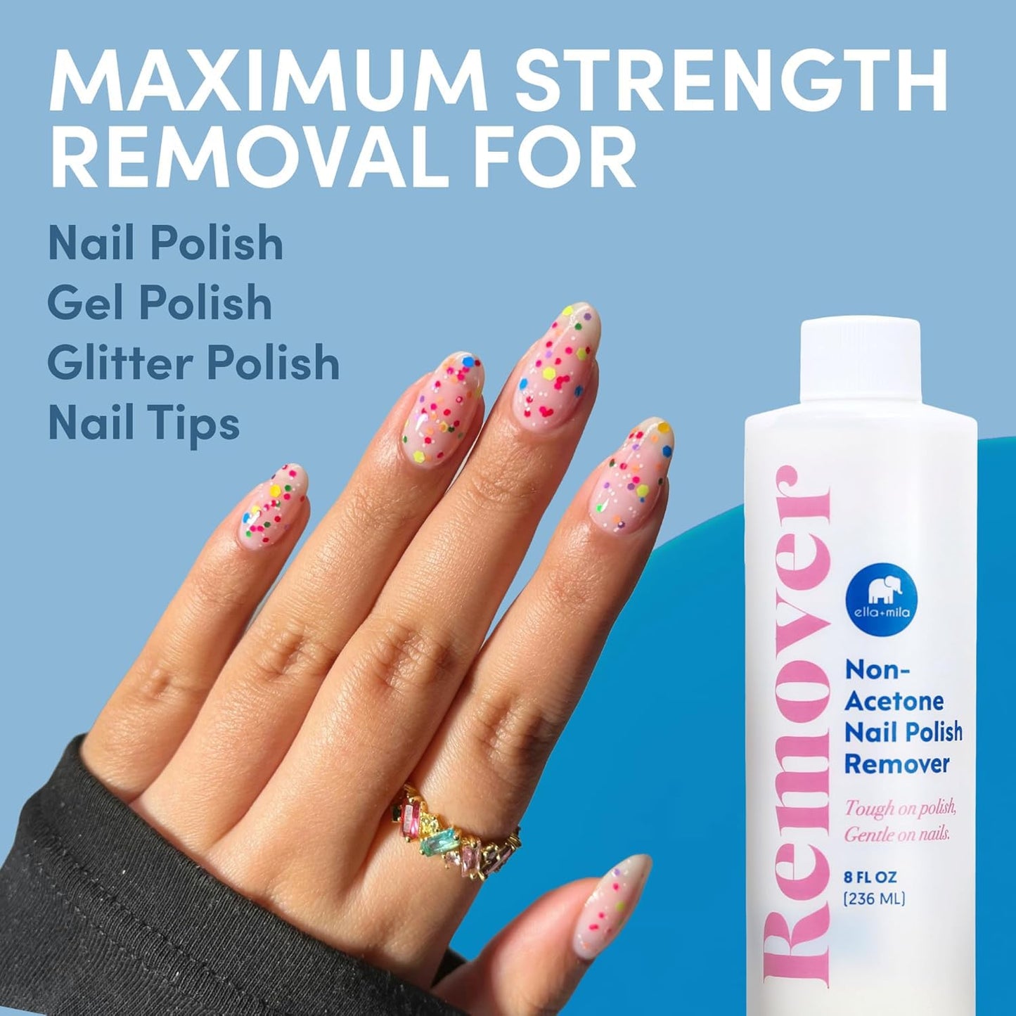Ella+mila Nail Polish Remover - Gentle Non-Acetone Formula | Nourishing & Vegan, 8oz