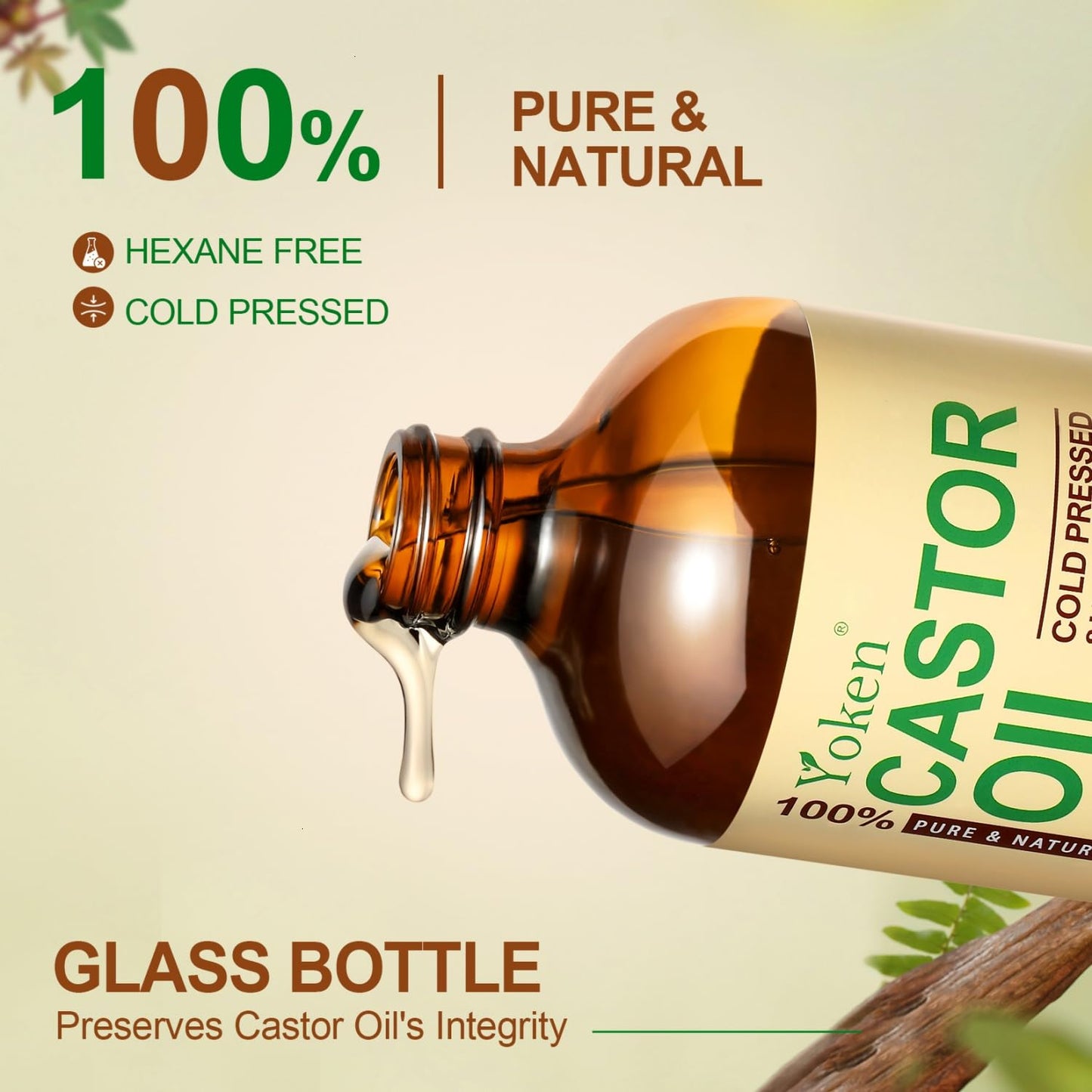 Yoken EWG Verified Castor Oil Organic Glass Bottle 16 fl oz 100% Pure Natural Cold Pressed Castor Oil for Hair, Face, Body, Eyelash, Skin - Hexane Free, Unrefined, Virgin, Rich Fatty Acid