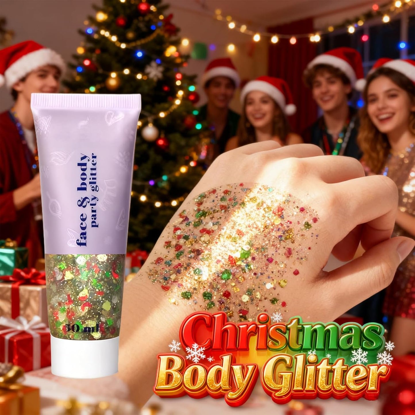 Christmas Body Glitter Gel - Red, Green & White Holographic Face & Hair Glitter for Festive Makeup | Chunky Sequin Shine