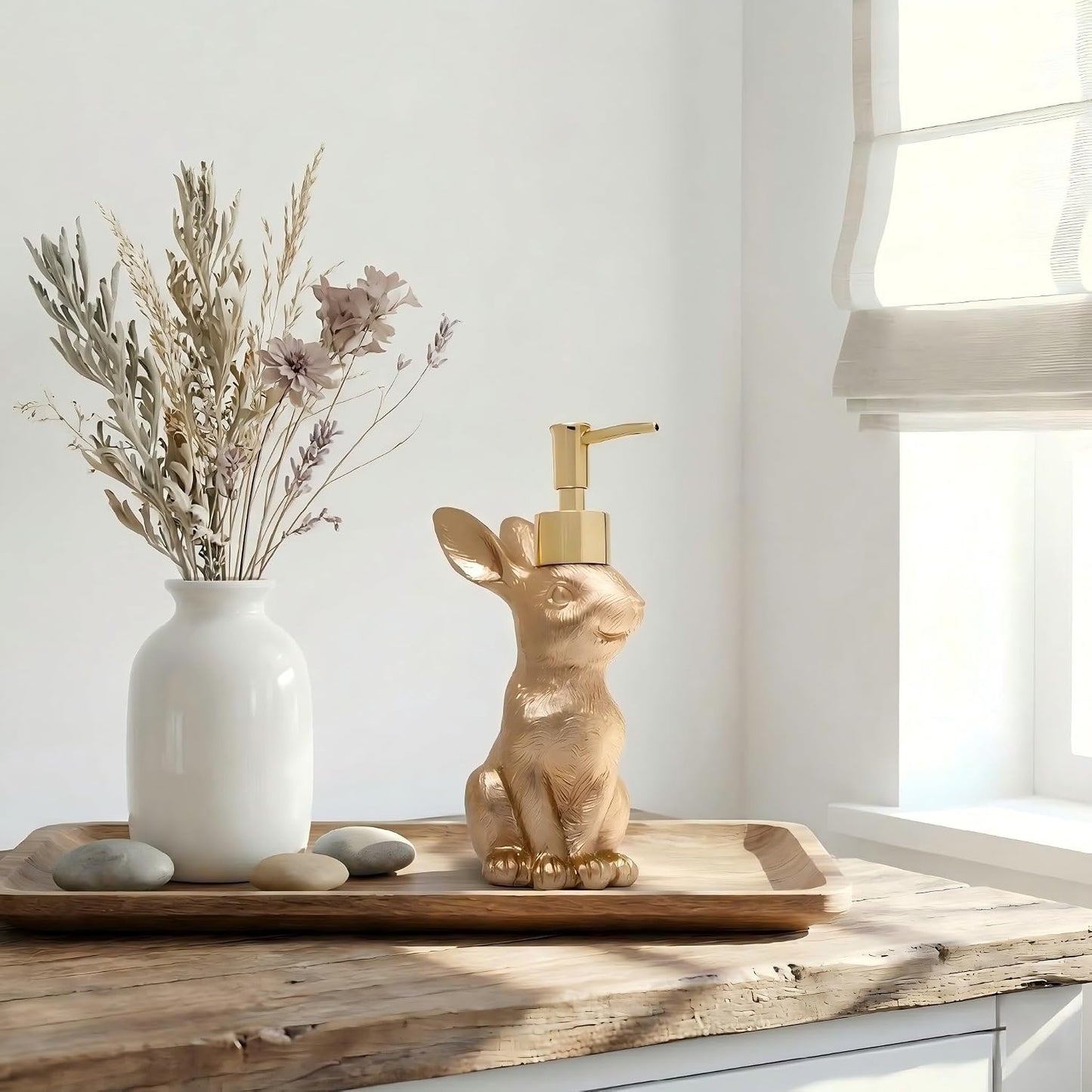 Gold Bunny Soap Dispenser Set - Vintage Rabbit Hand & Dish Soap Dispensers for Kitchen & Bathroom | 8oz Rust-Proof Resin Statues