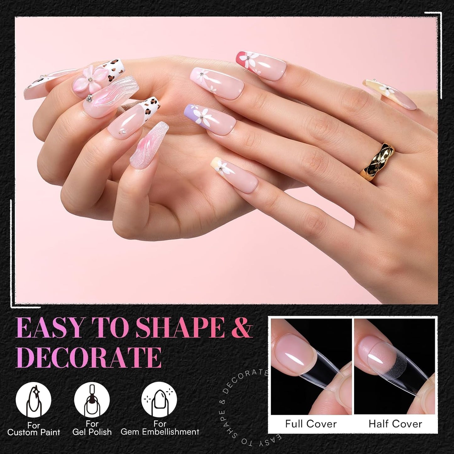 Coffin Nail Tips - 504 PCS Pre-Etched Clear Acrylic Full Cover | 15 Sizes for Salon & DIY Use
