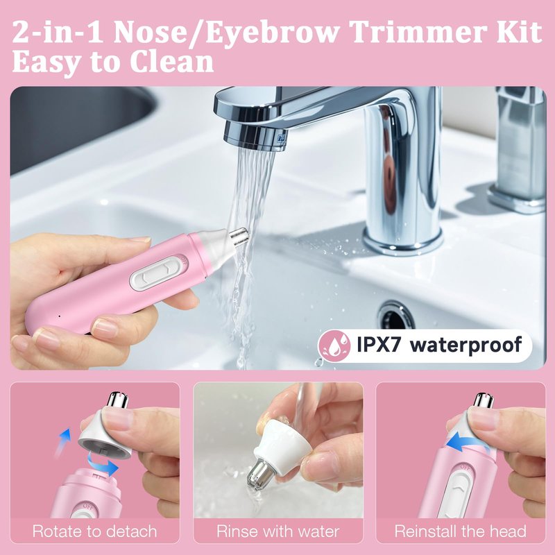 Nose Hair Trimmer for Women Rechargeable :2024 Upgrade 2 in 1 Nose Trimmer for Women, Painless Eyebrow & Facial Hair Trimmer- Dual-Edge Blades, IPX7 Waterproof, Portable for Easy Cleansing, Pink