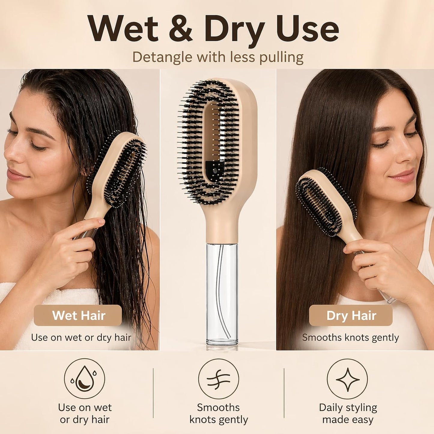 Misting Hair Brush - 2-in-1 Detangling Wet & Dry Hairbrush for Curly & Thick Hair | Refillable Water Spray, Anti-Frizz (Khaki)