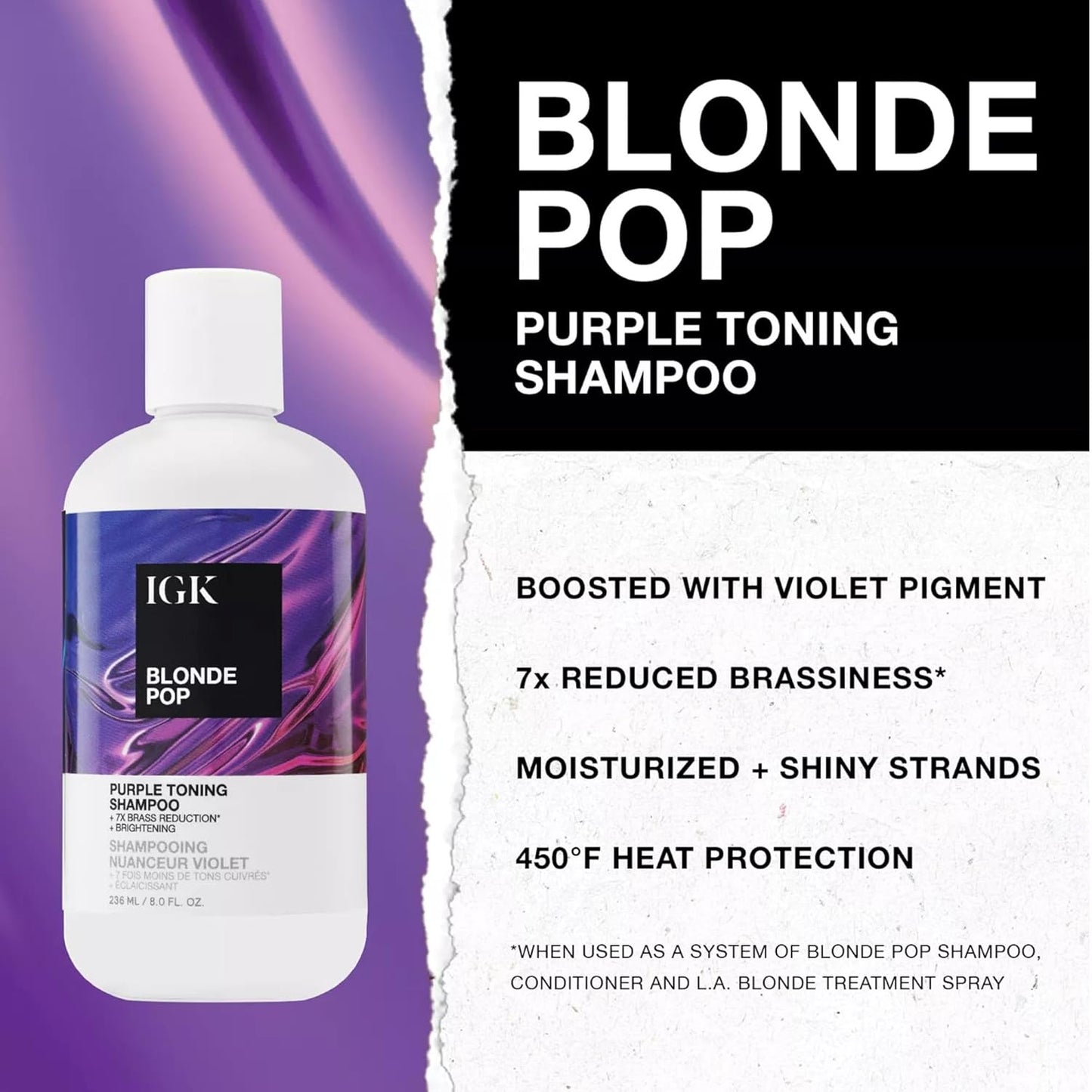 IGK Blonde Pop Purple Shampoo - Neutralizes Brass & Brightens Blonde | Toning Shampoo for Color-Treated Hair | 8 Oz