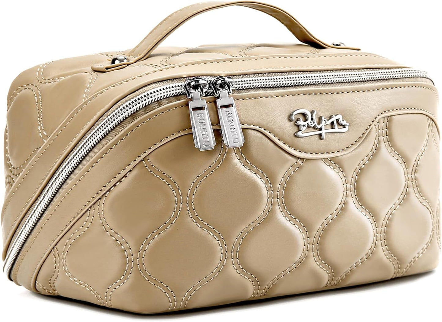 Travel Makeup Bag Set - Large Vegan Leather Cosmetic Organizer with Handle | 3 Pcs Portable Toiletry Bags in Coffee