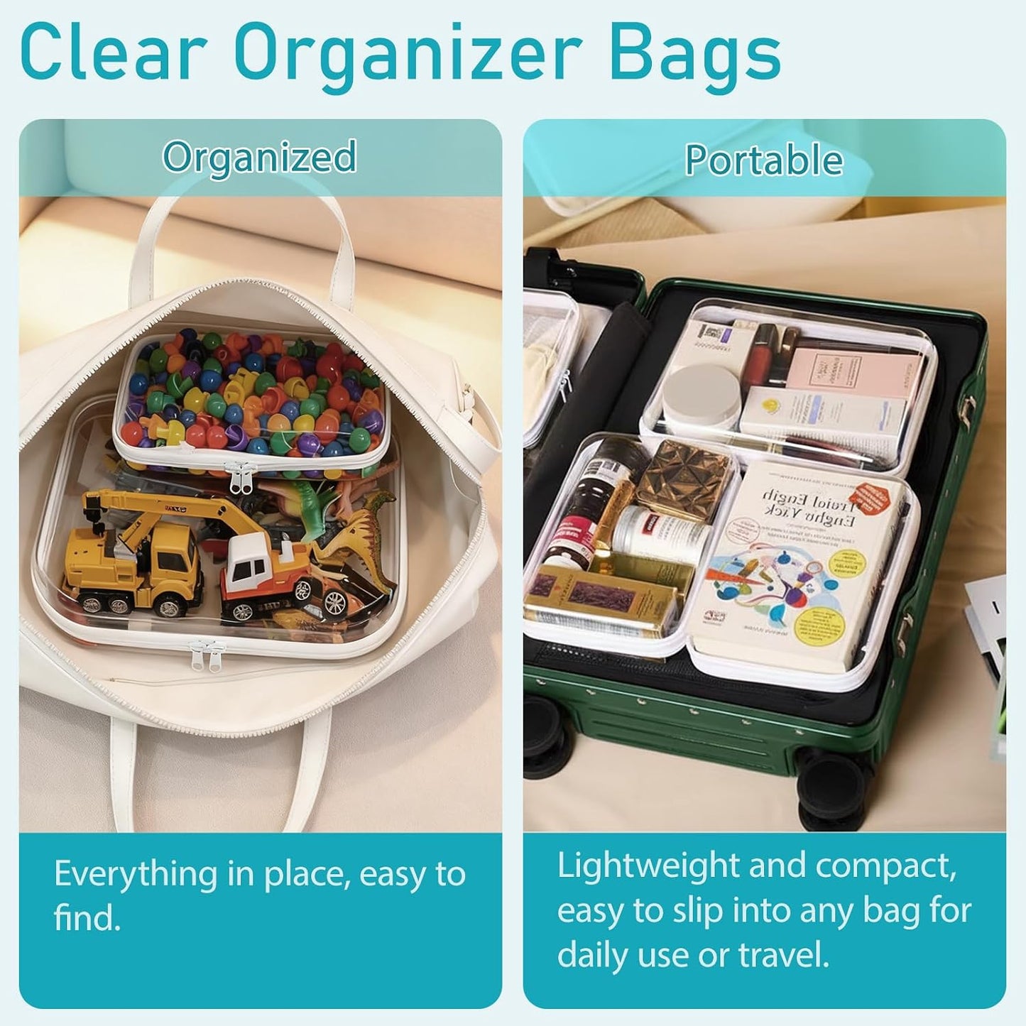 Clear Hard Shell Double-Zipper Pouches - Transparent Organizer Bags for Travel, Cosmetics & Toiletries | 4-Pack (White)