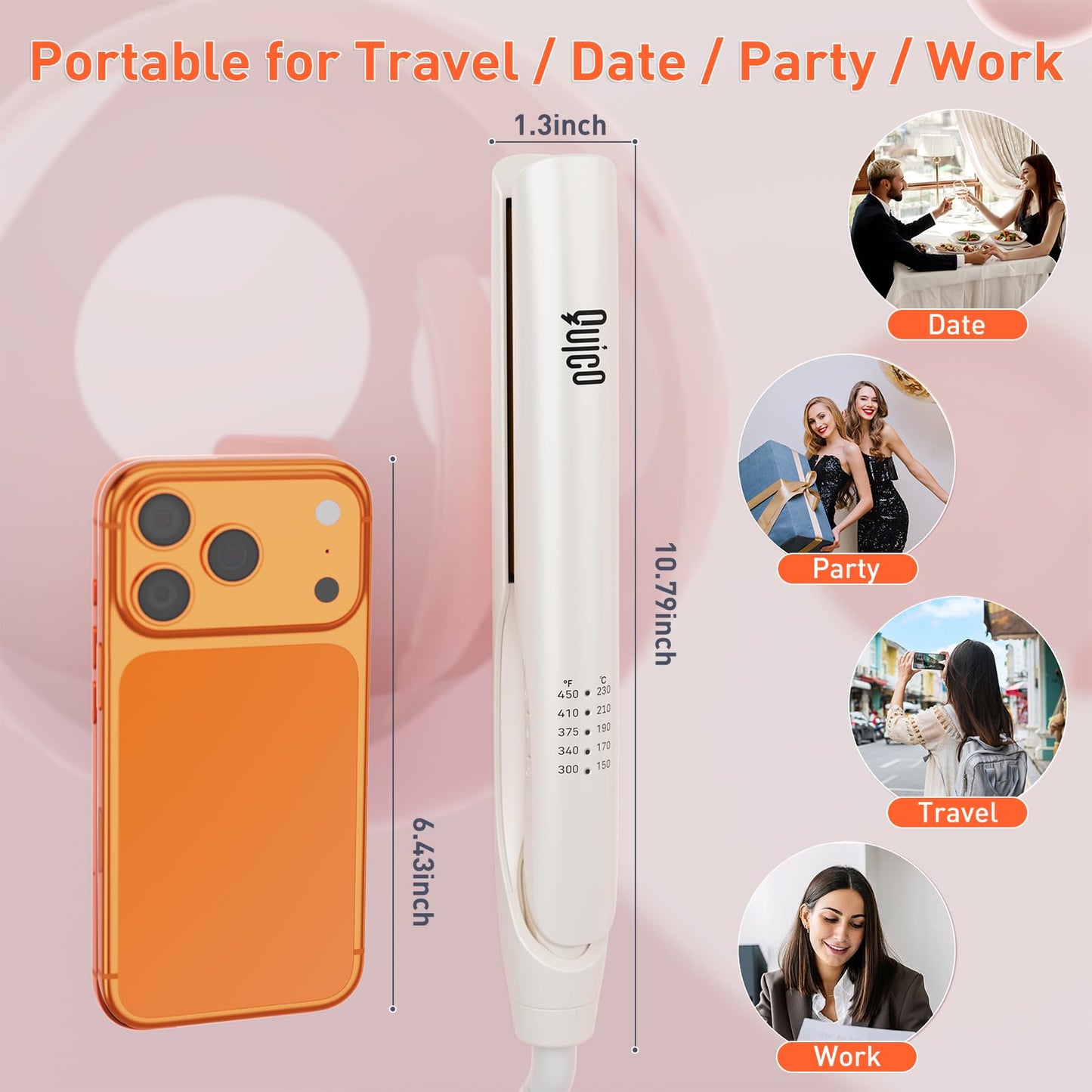 Quico Upgrade Hair Straightener, 100-240V Dual Voltage Travel Hair Straightener and Curler with 15s Heat Up, Professional Negative Ion Ceramic Flat Iron for Less Frizz, 5 Temp & Auto Shut-Off