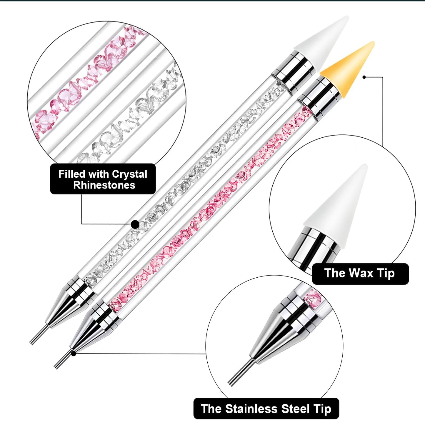 Vikerer Rhinestone Picker Tool, Dual-ended Rhinestones Applicator Nail Art Design Tool, 2 Pack Acrylic Handle Nail Pen with 4 Extra Wax Tips and1 Tweezer