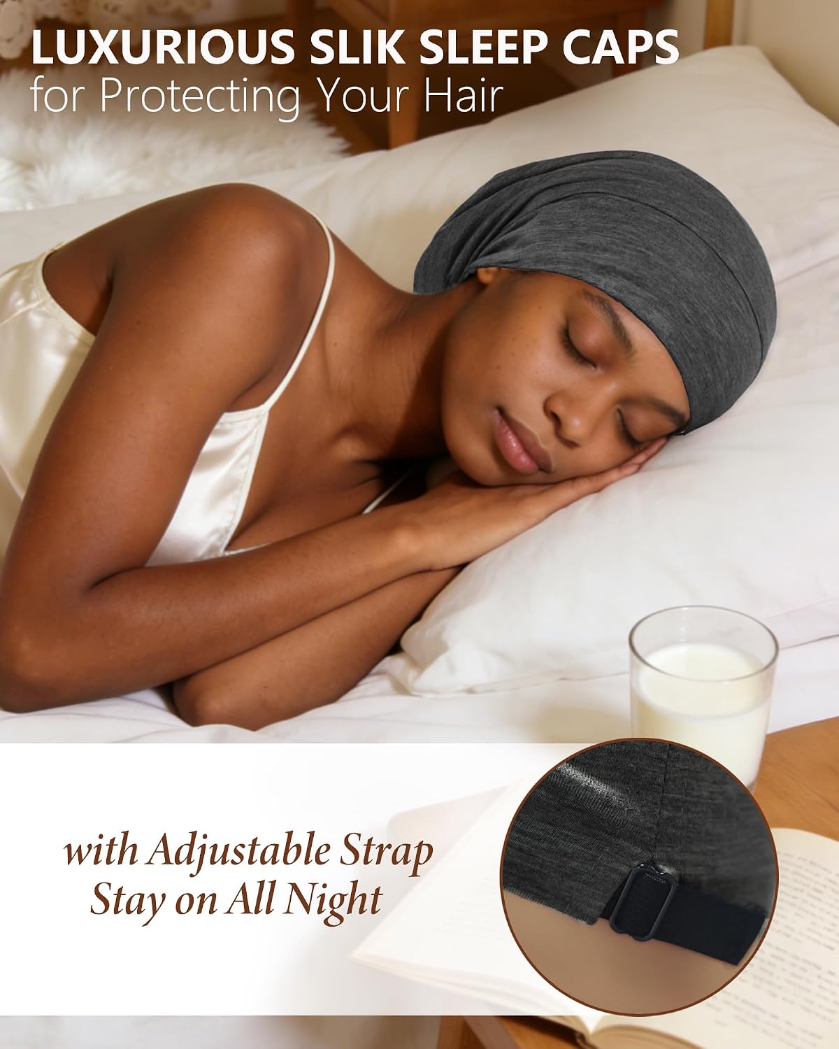 100% Mulberry Silk Bonnet for Sleeping | Real Silk Lined Cap for Curly Hair - Black
