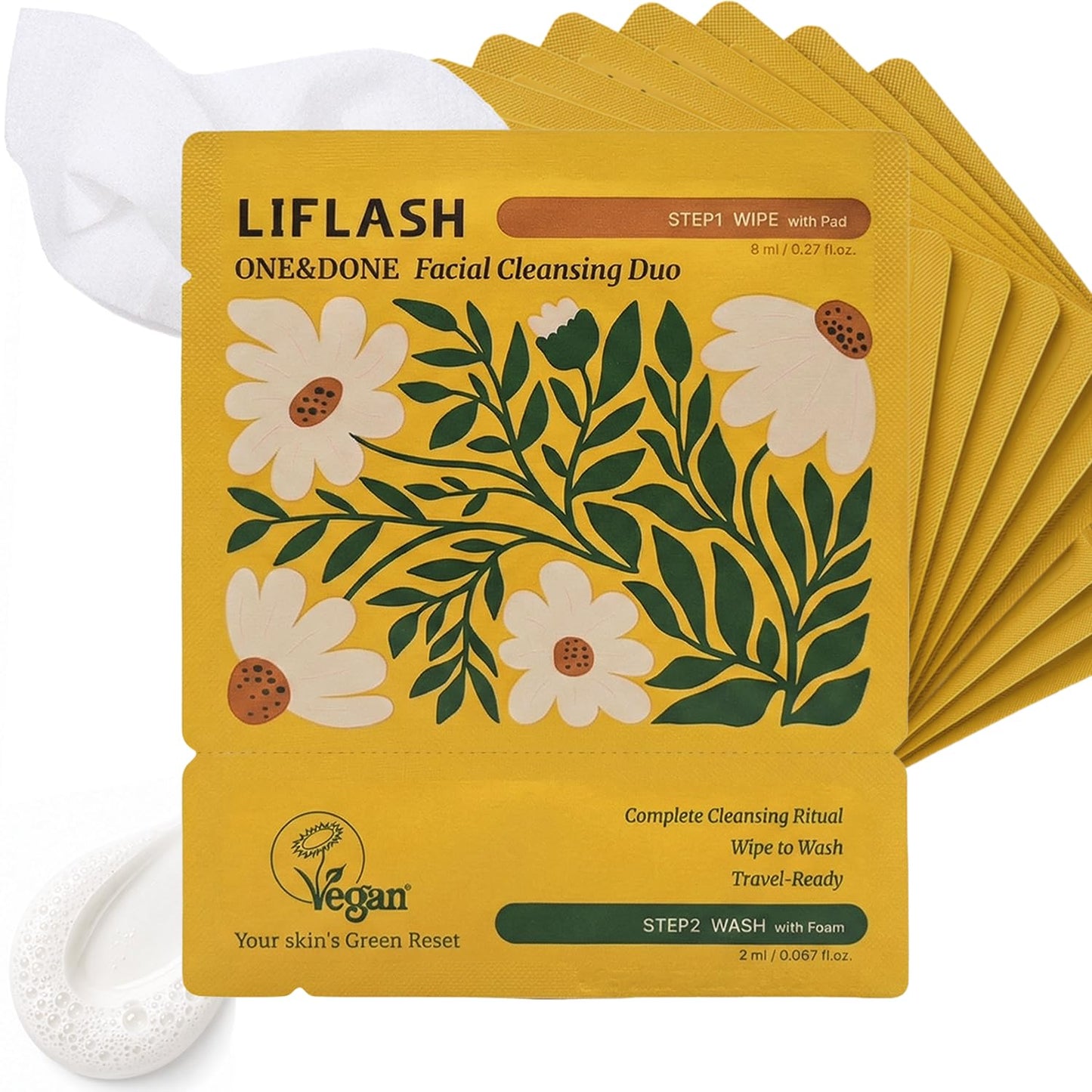 Travel Size Face Wash Packets, 2-Step Single-Use Cleanser (Micellar Pad & Foam), LIFLASH Facial Cleansing Duo, Makeup Remover, TSA-Friendly Double Cleanse, Individually Wrapped, Vegan K-Beauty, 10Ct