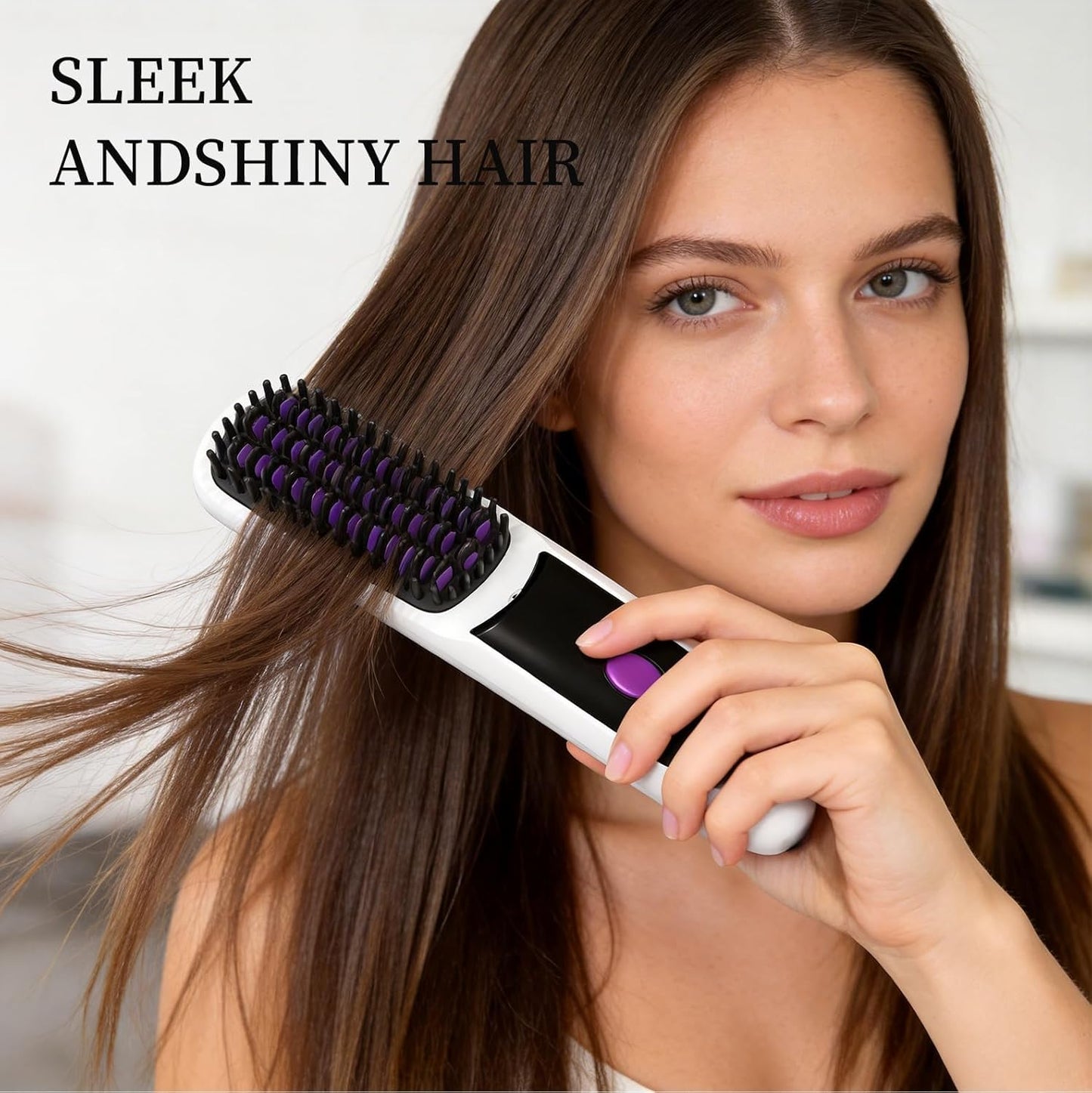 Portable Straightener Brushs for Travel, with LCD Temperature Display, Fast Heating Cordless Mini Hair Brushs (White)