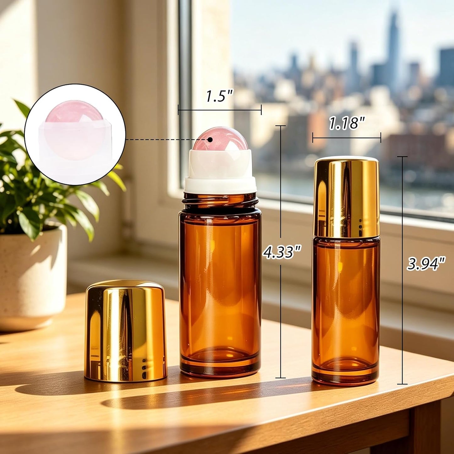 Rose Quartz Essential Oil Roller Bottles - 2 Pack Leakproof Amber Glass | 50ml & 30ml for Perfume & DIY