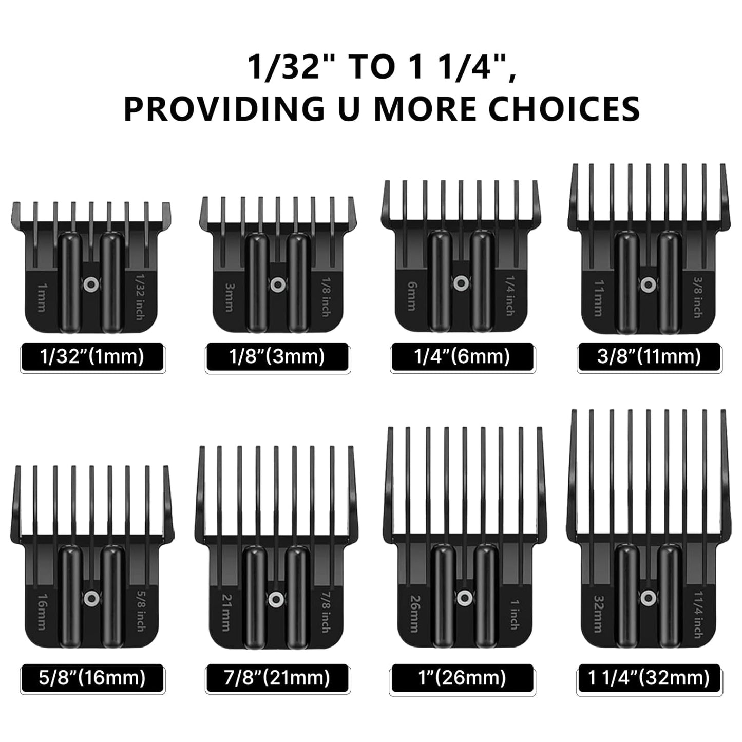 8 Pack Hair Clipper Guards - Universal Snap-On Blade Combs for Wahl, Andis & BaByliss | 1/32" to 1/4" Sizes, Black