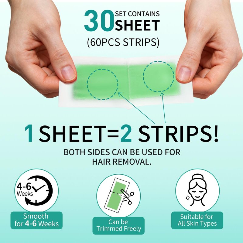 Wax Strips, 60 Pcs Wax Strips For Face & Body, Waxing Strips For Hair Removal At Home For Facial, Arms, Legs, Underarms, Bikini, Back, Women And Men (40*Big, 20*Small，4*Calming Oil Wipes)