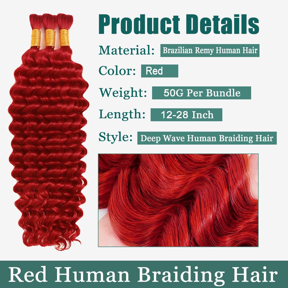 Red Boho Hair for Braiding Deep Wave Bulk Red Boho Human Hair 18 18 18 Inch No Weft Brazilian Red Deep Wave Bulk Braids Extensions