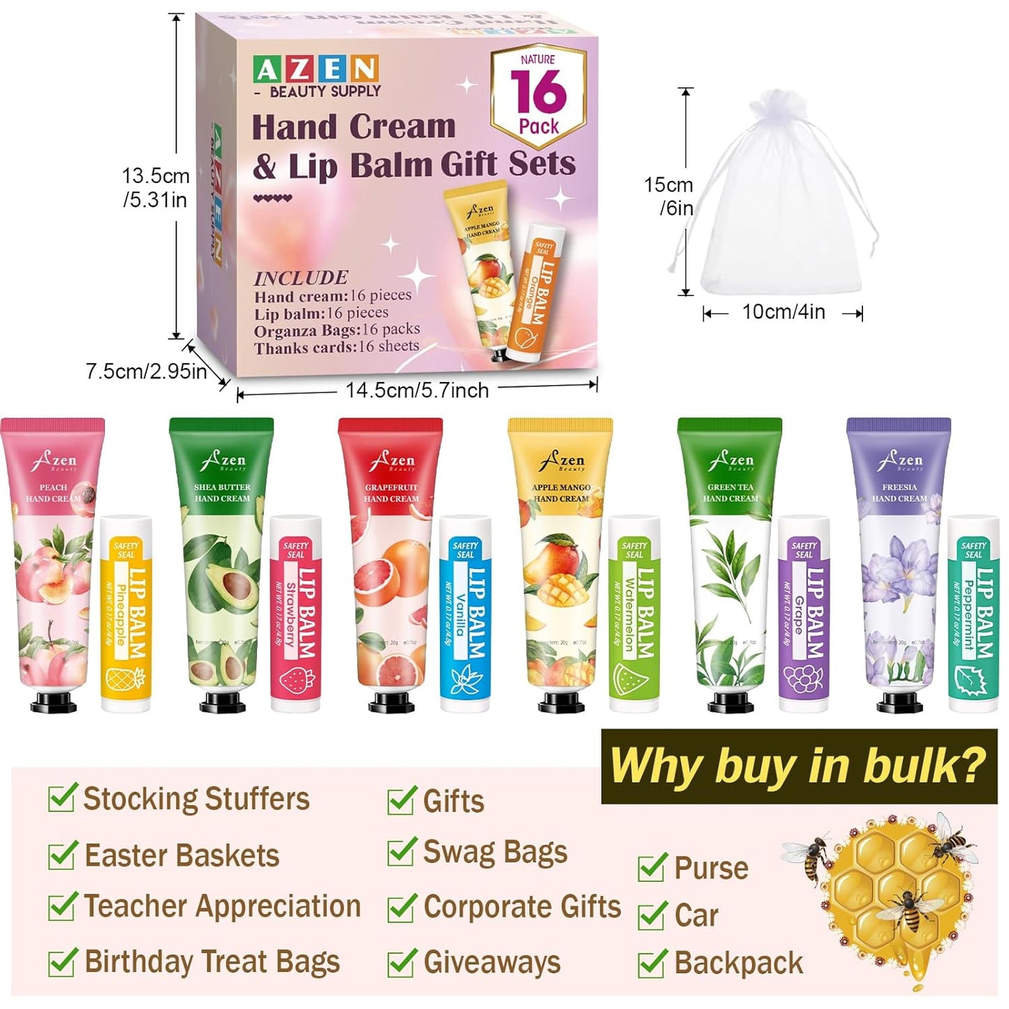 Hand Cream and Lip Balm Gift Set - 16 Sets with Organza Bag | Perfect for Baby Showers, Weddings, and Mother's Day
