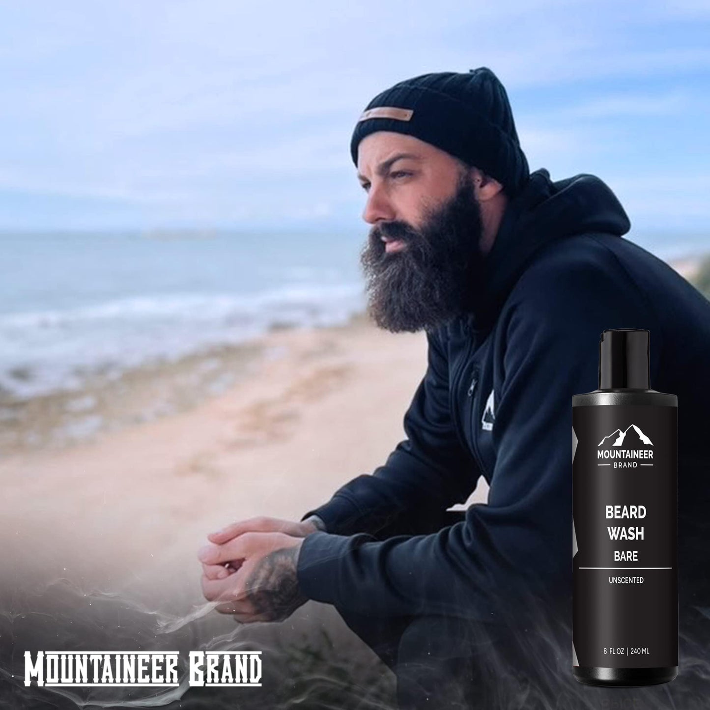 Mountaineer Brand Beard Wash For Men | 100% Natural Beard Shampoo | Thick Cleaning Softening Lather for Hair and Skin | Hydrate and Detangle | Grooming Treatment | Bare Unscented 8oz
