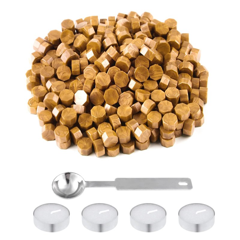 NACHLYNN 600 Pcs Gold Wax Seal Beads Octagon Sealing Wax Beads with 1 Melting Spoon and 4 Pcs Tea Candles for Letter Greeting Cards Wine Sealing Crafts